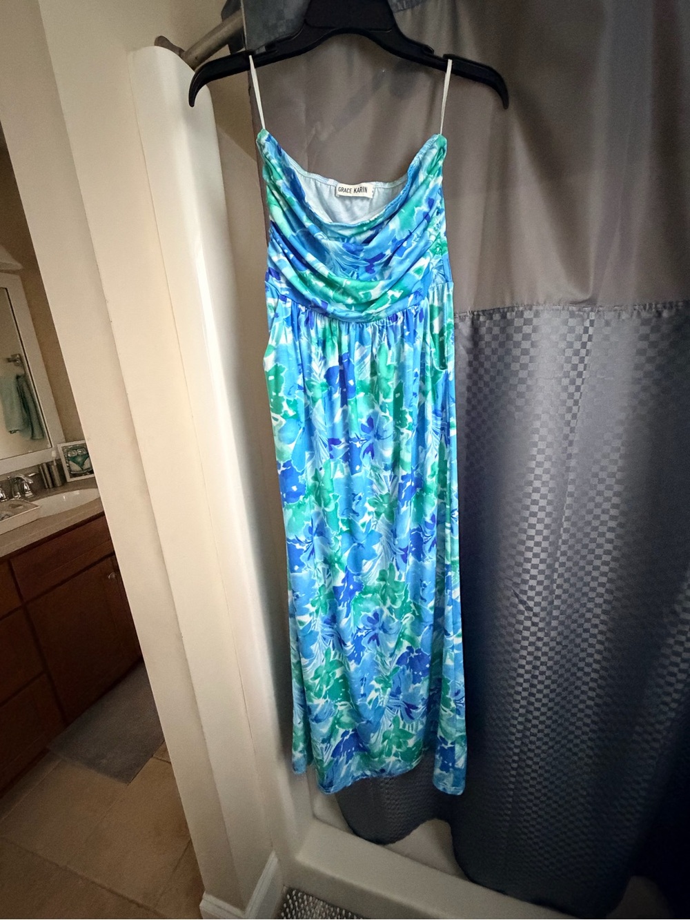 Grace Karin Strapless Blue & Green Floral Maxi Dress Size Small - Picture 5 of 6